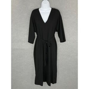 Zara Black Midi Dress V-Neck Tie Waist 3/4 Sleeve Minimalist Sz S Capsule Office